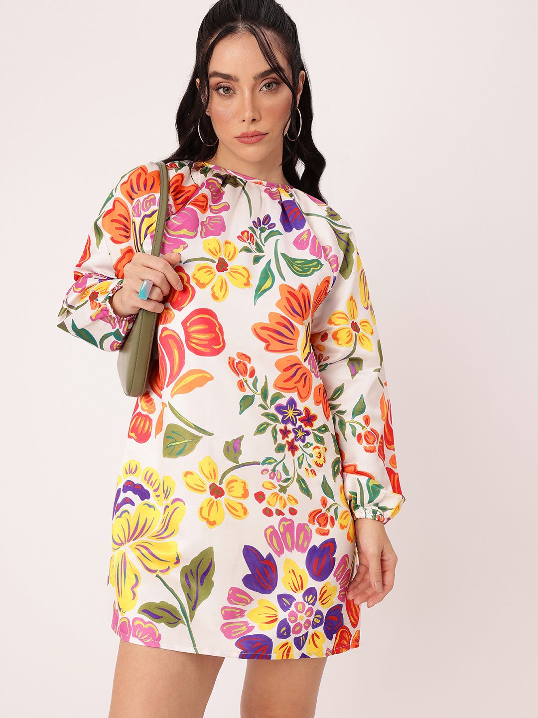 DressBerry Chic Vibrant Bloom Printed Gathered A-Line Mini Dress