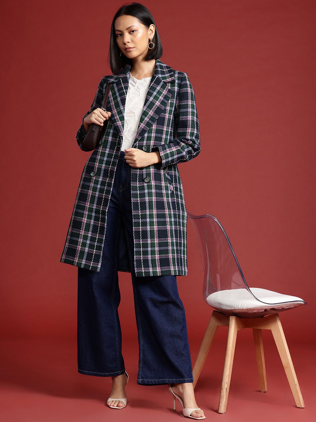 all about you Checked Double-Breasted Longline Coat
