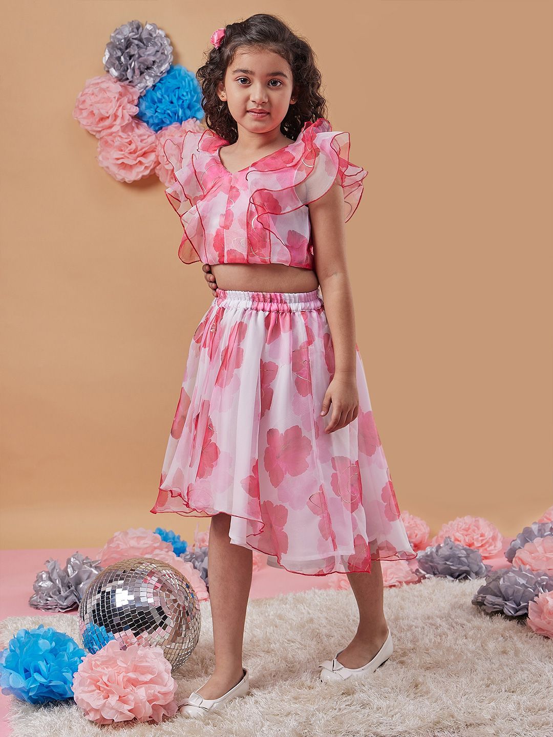 pspeaches Girls Floral Printed Crop Top With Skirt