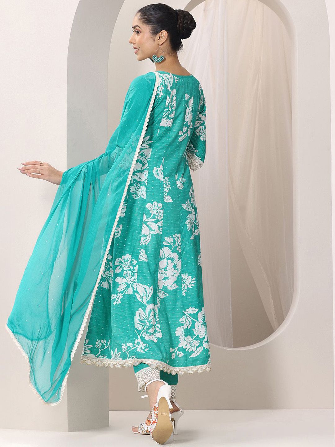 Libas Womens Blue Printed Anarkali Kurta With Trousers & Dupatta