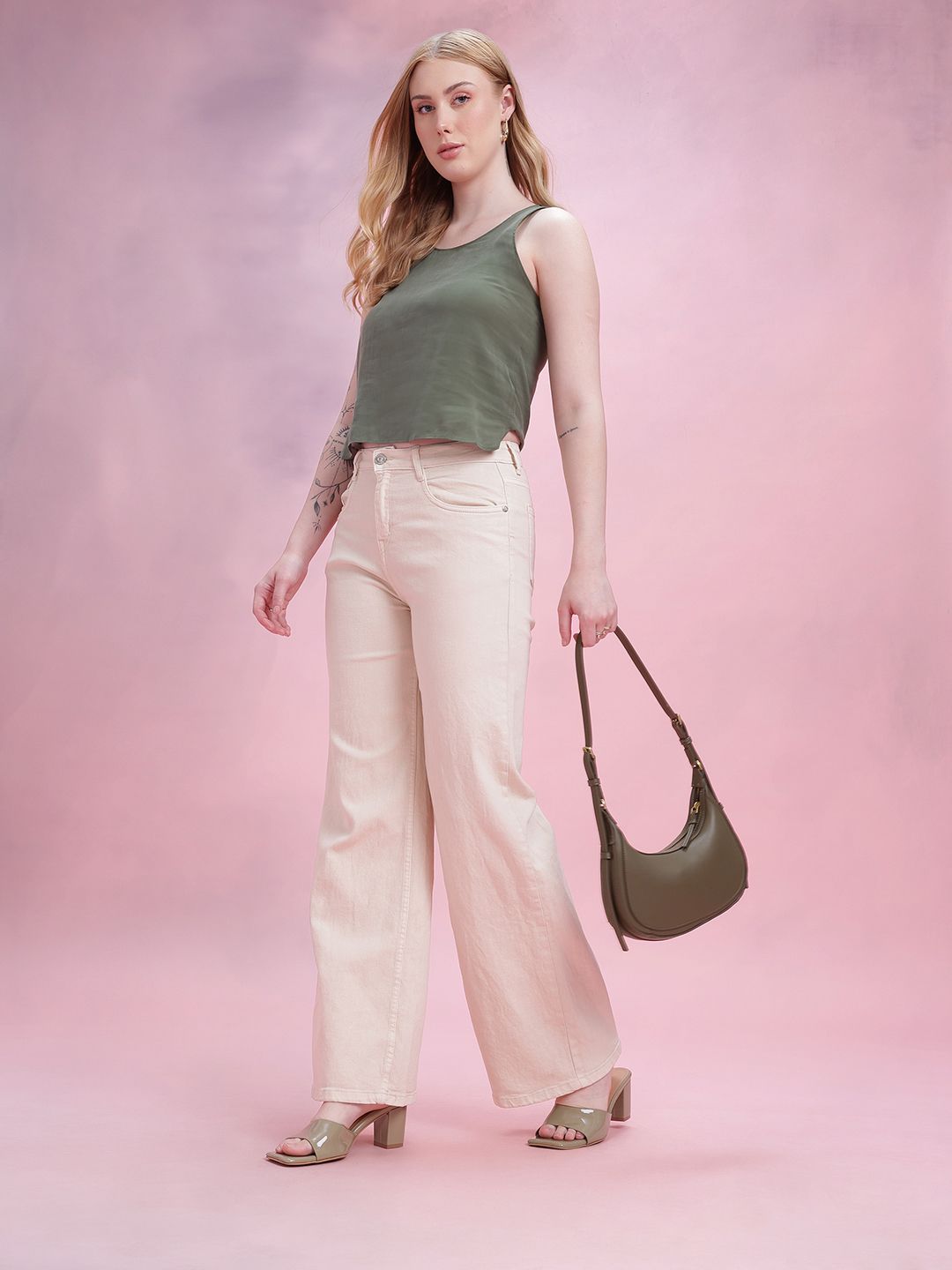 DressBerry Women Wide Leg Mid-Rise Stretchable Jeans