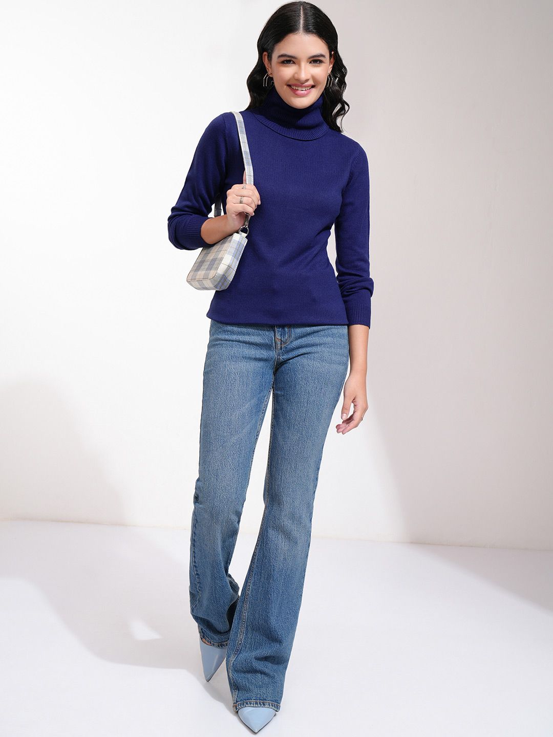Tokyo Talkies Women Navy Blue Turtle Neck Acrylic Pullover Sweater