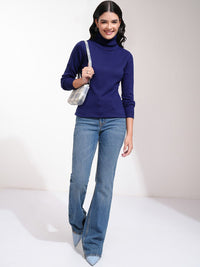 Tokyo Talkies Women Navy Blue Turtle Neck Acrylic Pullover Sweater