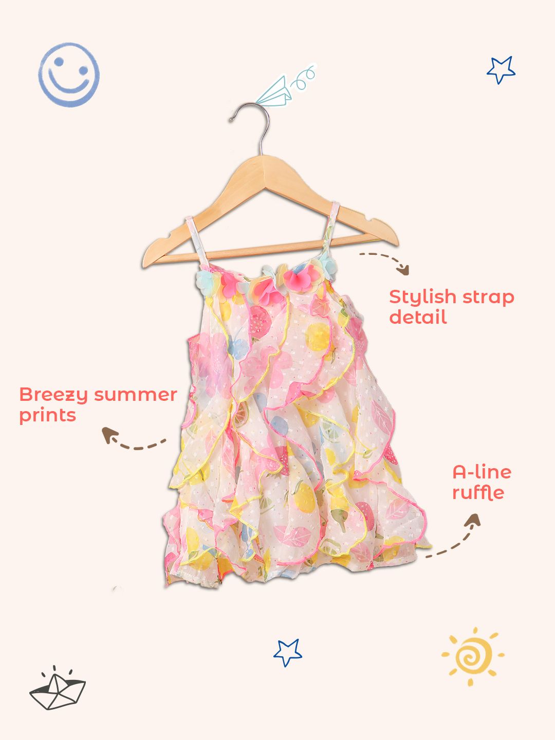 Nauti Nati Girls White & Pink Printed A-Line Dress with Ruffle Detail