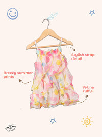 Nauti Nati Girls White & Pink Printed A-Line Dress with Ruffle Detail