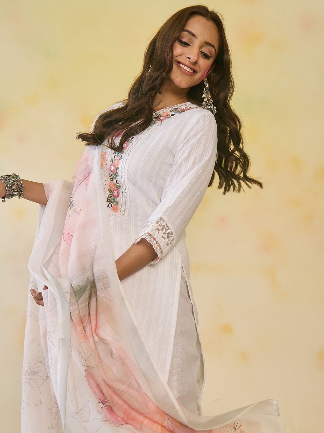 Indo Era Women Floral Embroidered Regular Thread Work Pure Cotton Kurta with Trousers & With Dupatta