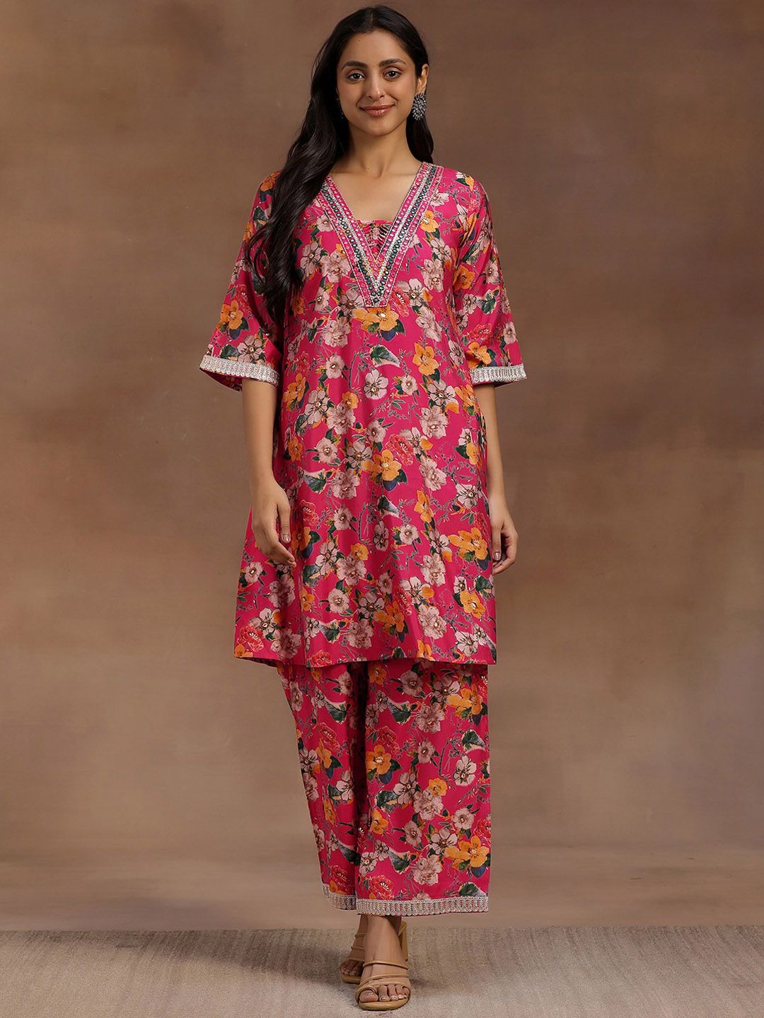 Libas Pink Floral Printed Tunic With Palazzo