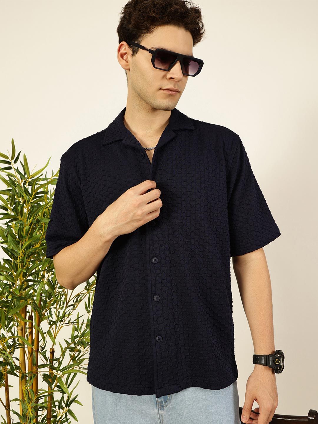 Thomas Scott Men Premium Cuban Collar Textured Cotton Relaxed Fit Casual Shirt