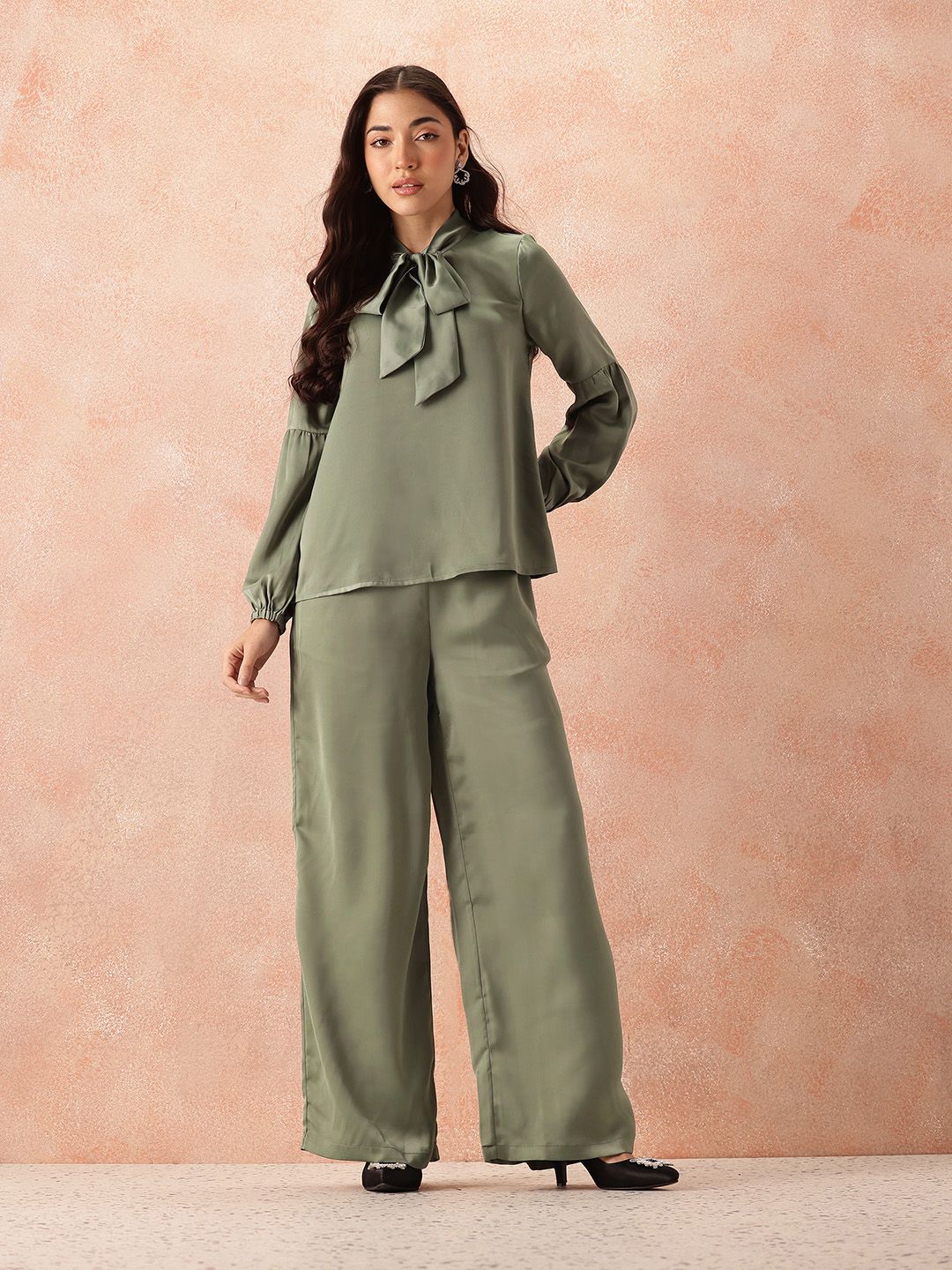 all about you Front Tie-Up Satin Top with Flared Trousers
