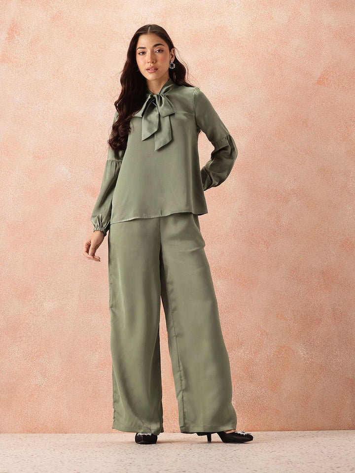 all about you Front Tie-Up Satin Top with Flared Trousers