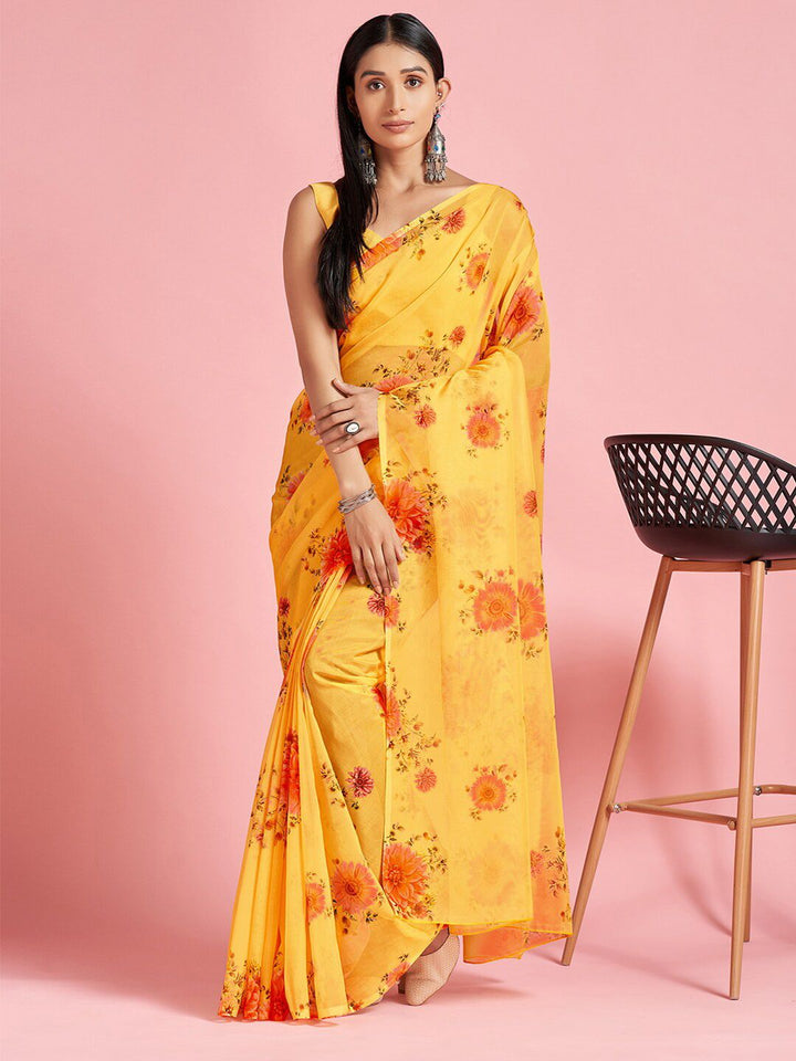 Saree mall Yellow & Red Floral Printed Organza Sarees