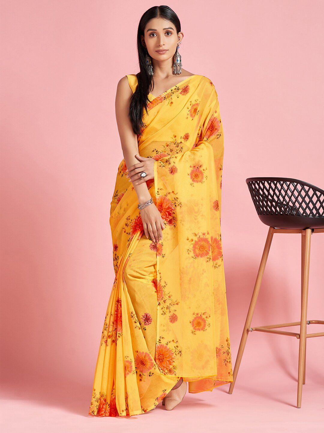 Saree mall Yellow & Red Floral Printed Organza Sarees