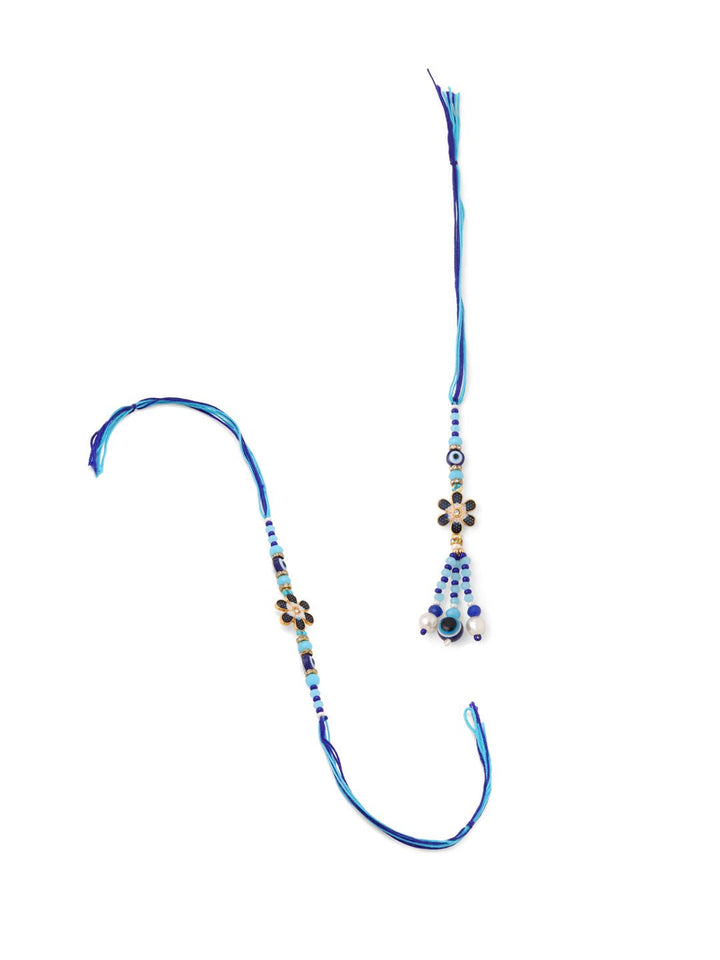 NVR Set of 2 Blue Artificial Beads Evil Eye Bhaiya Bhabhi Rakhi with Roli Chawal