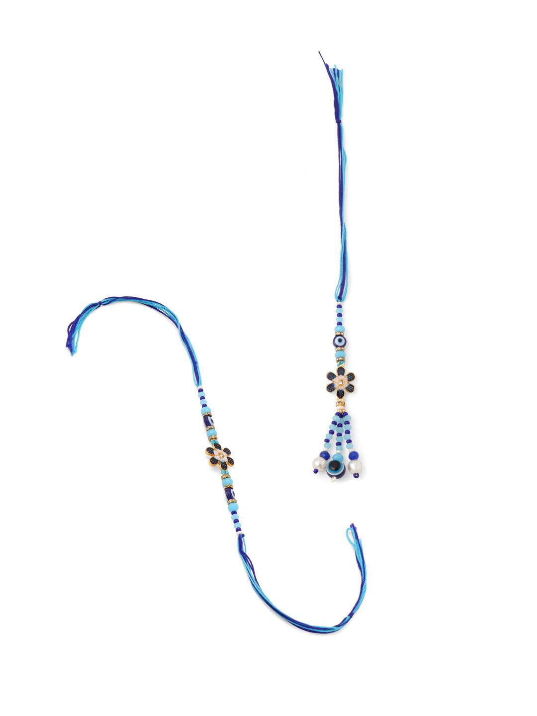 NVR Set of 2 Blue Artificial Beads Evil Eye Bhaiya Bhabhi Rakhi with Roli Chawal