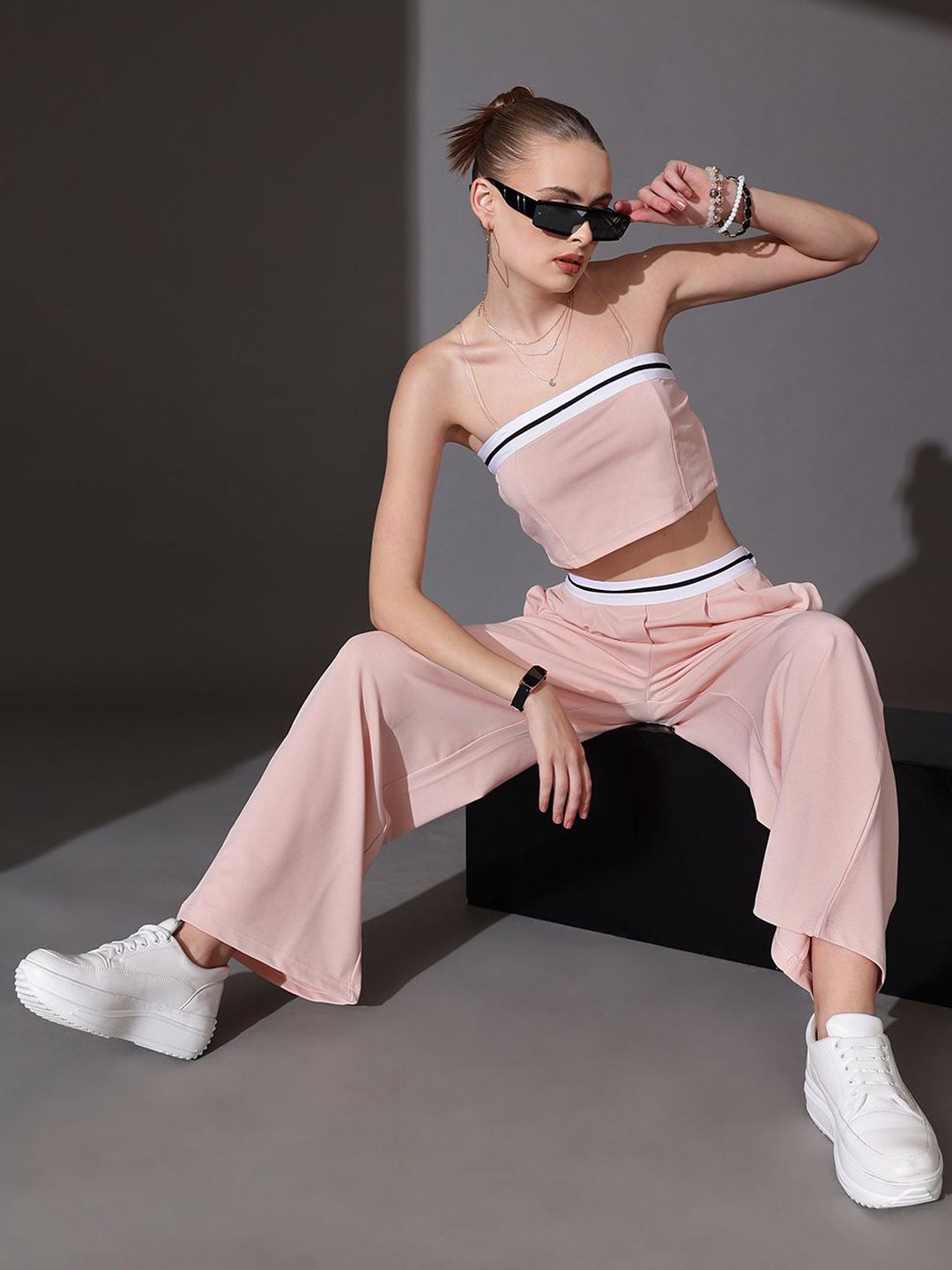 STREET 9 Solid Off Shoulder Crop Top & Trousers Co-Ord Set
