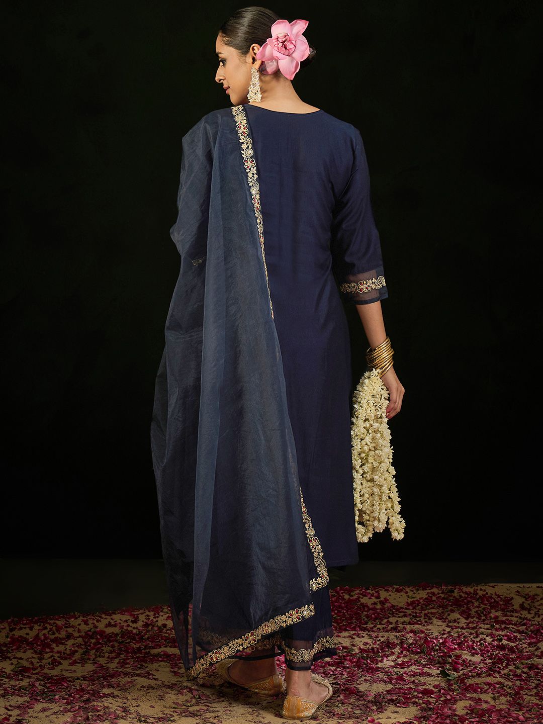 Indo Era Floral Embroidered Empire Liva Kurta with Trousers & Dupatta