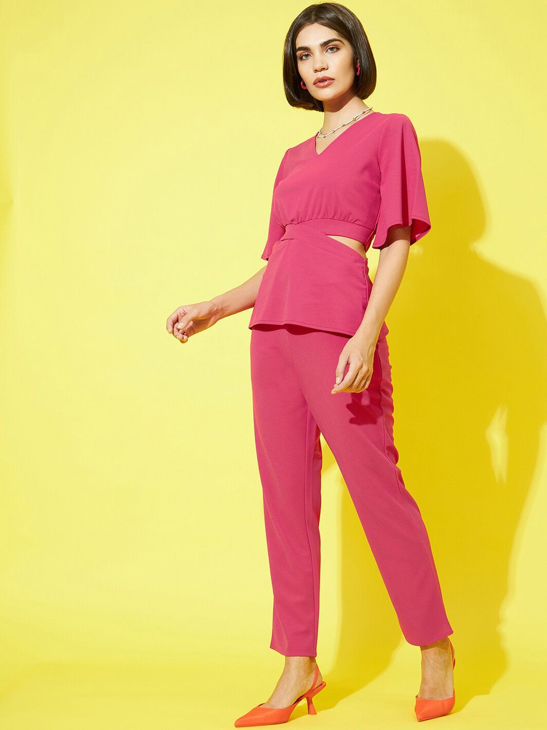 Athena Women Pink Solid V-Neck Top and Trousers