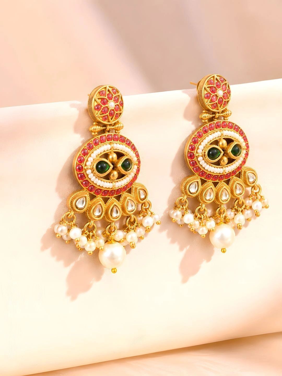 Gold-Toned Multi-Coloured Kundan Beaded Pearl Drop Earrings