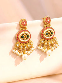 Gold-Toned Multi-Coloured Kundan Beaded Pearl Drop Earrings