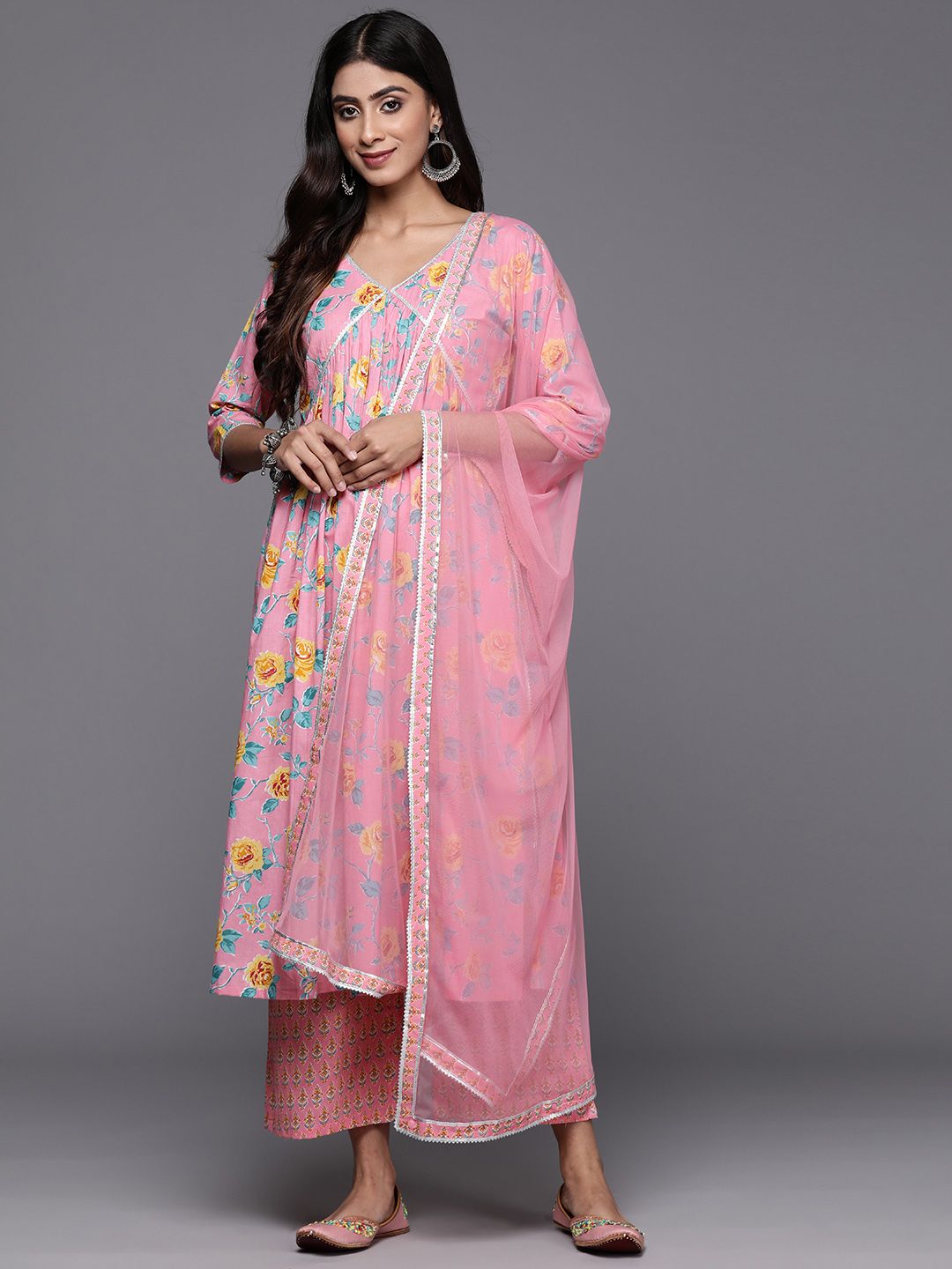 Libas Women Floral Printed Gotta Patti Pure Cotton Kurta with Palazzos & With Dupatta