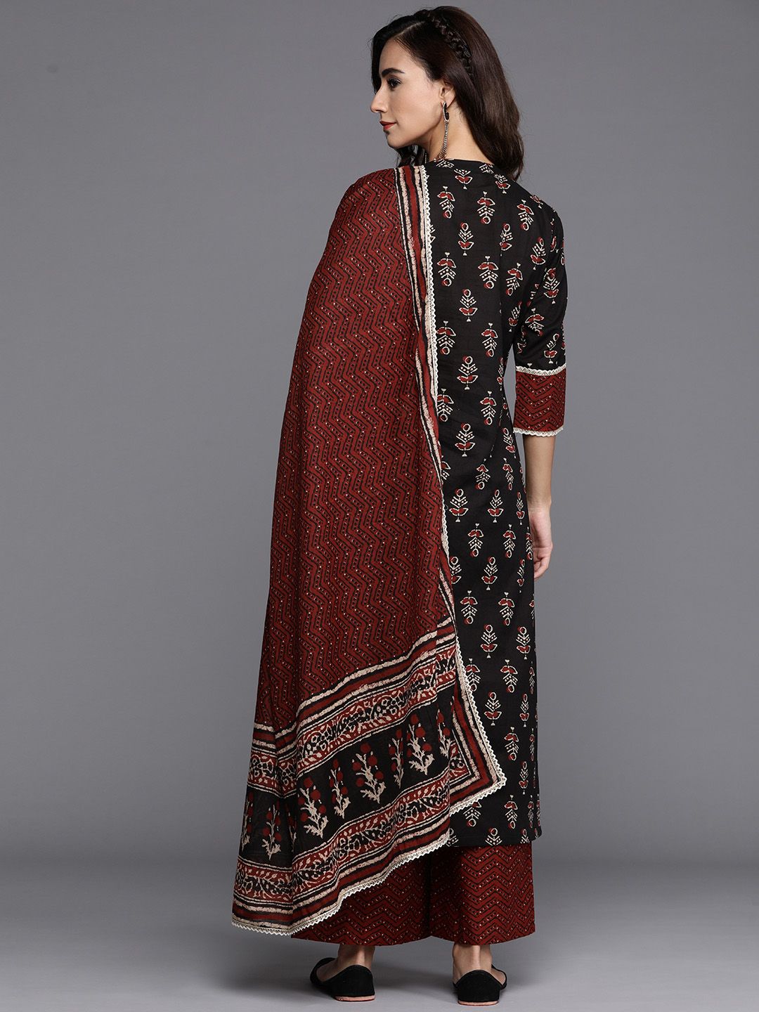 Libas Women Black Pure Cotton Ethnic Motifs Printed Kurta with Palazzos & Dupatta