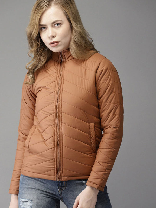 Kampus sutra wanita coklat raffia berjalur windcheater longline jaket pufer luar