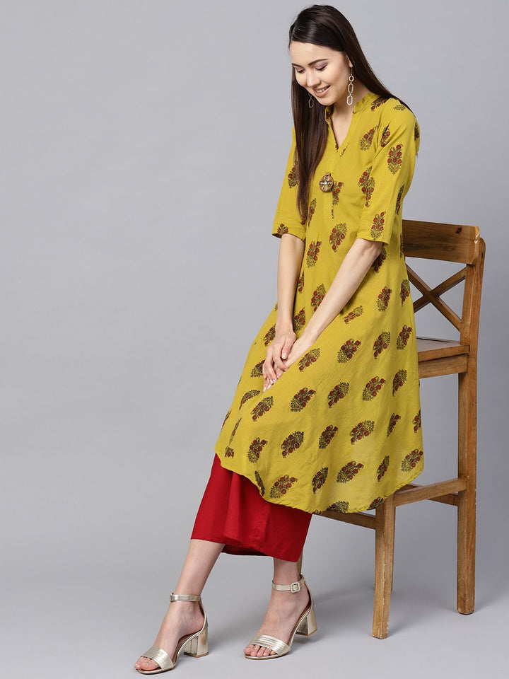 SOJANYA Women Mustard Yellow & Red Floral Print A-Line Kurta