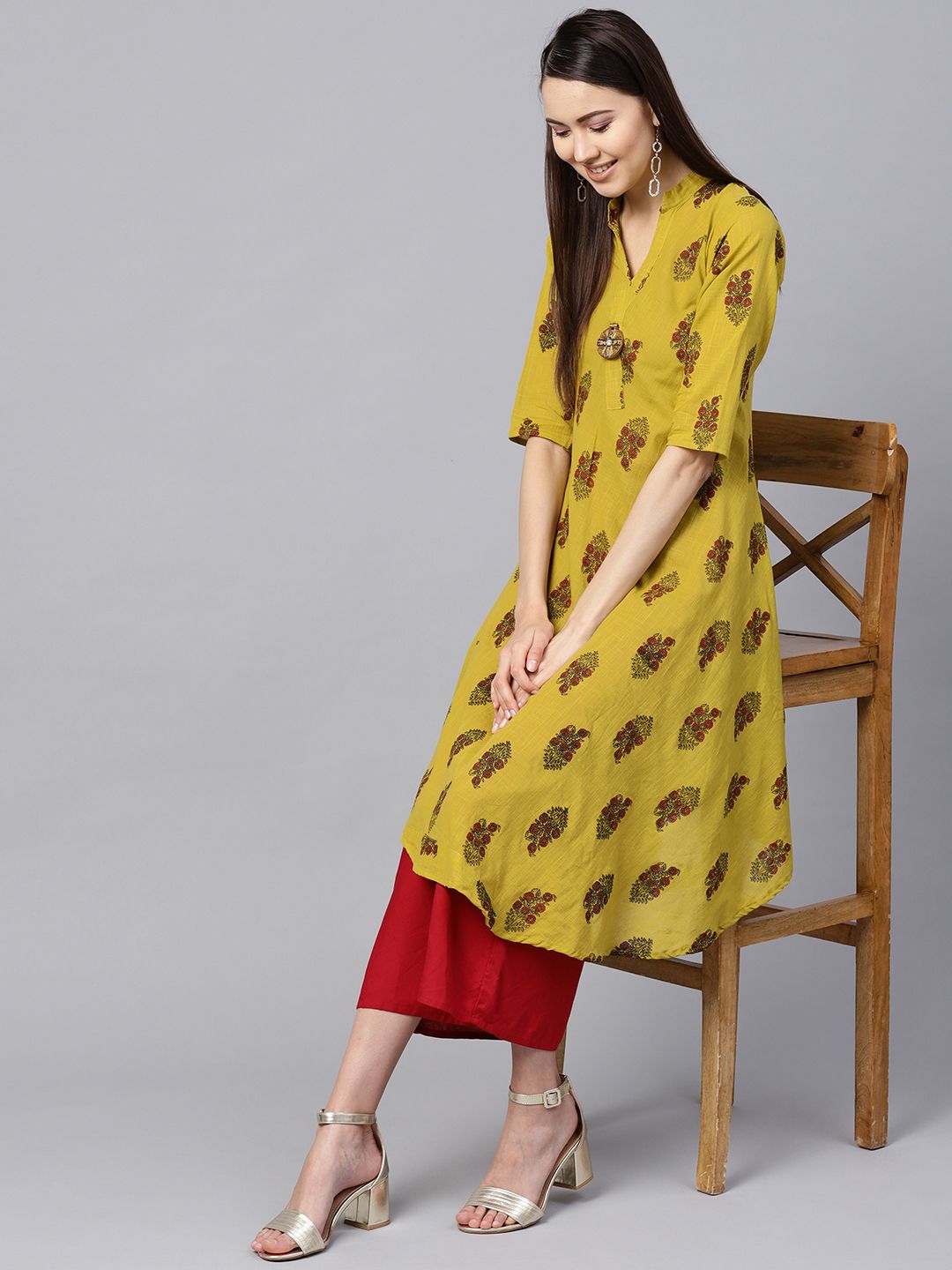 SOJANYA Women Mustard Yellow & Red Floral Print A-Line Kurta