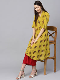 SOJANYA Women Mustard Yellow & Red Floral Print A-Line Kurta