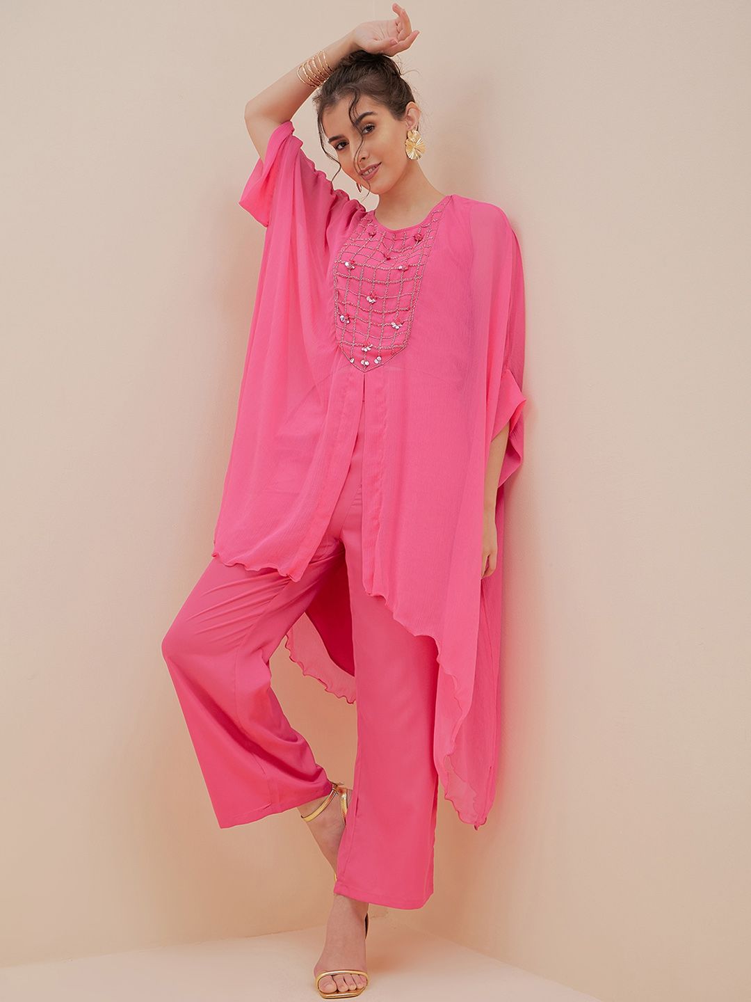 Antheaa Embellished Yoke Design Sequinned Top With Trousers