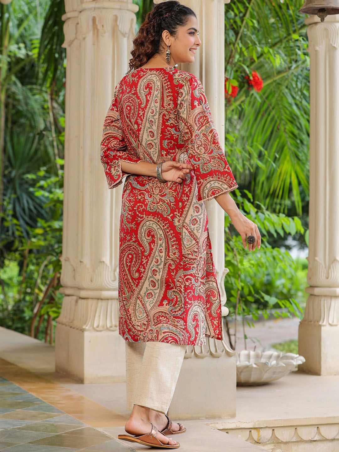 Rain & Rainbow Ethnic Motifs Printed Notched Neck Straight Pure Cotton Kurta