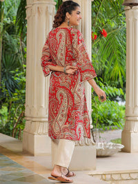 Rain & Rainbow Ethnic Motifs Printed Notched Neck Straight Pure Cotton Kurta