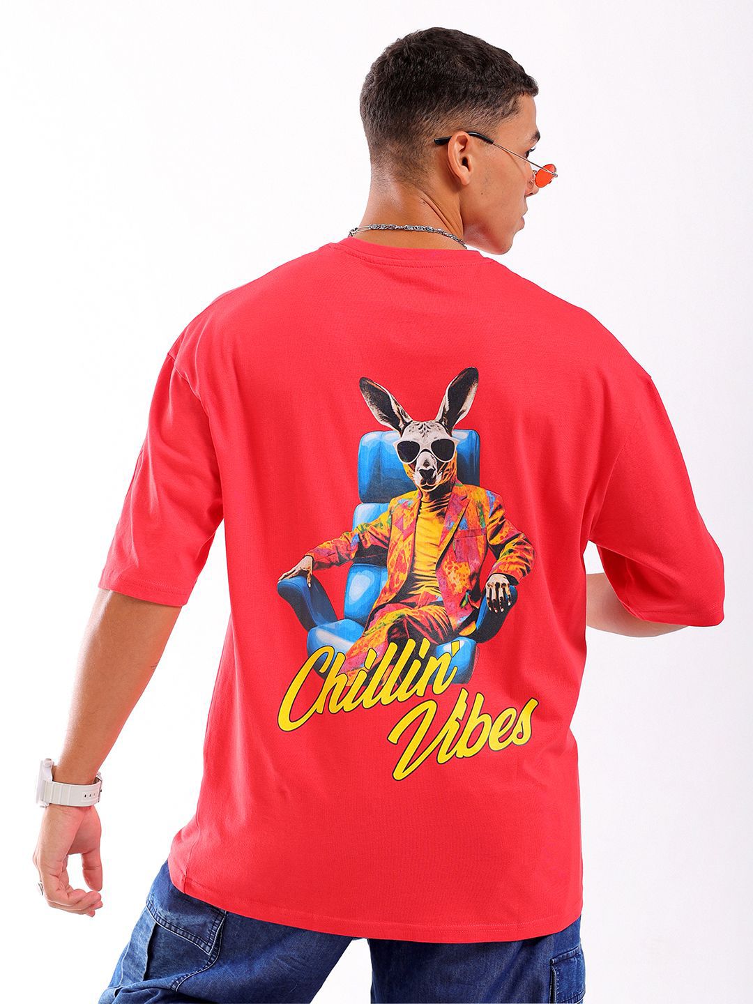 The Indian Garage Co Men Back Printed Pure Cotton Oversized Round Neck T-shirt