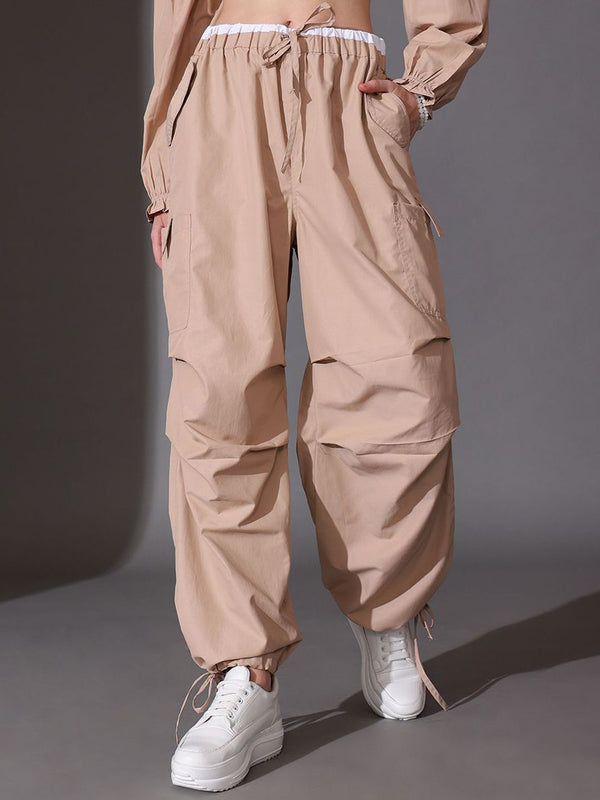 STREET 9 Women Mid-Rise Pure Cotton Loose Fit Cargo Style Parachute Trousers