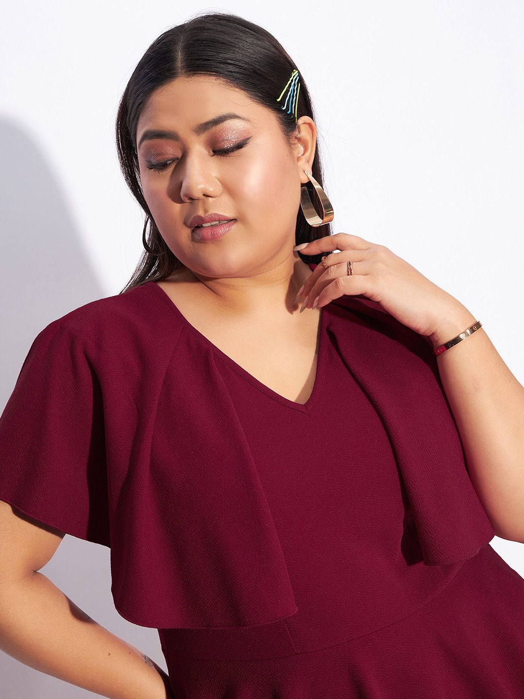 SASSAFRAS Curve Plus Size V-Neck Peplum Midi Dress