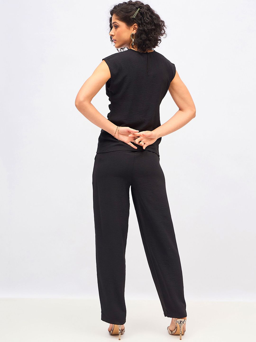 SASSAFRAS Black Pleated Sleeveless Top With Trouser