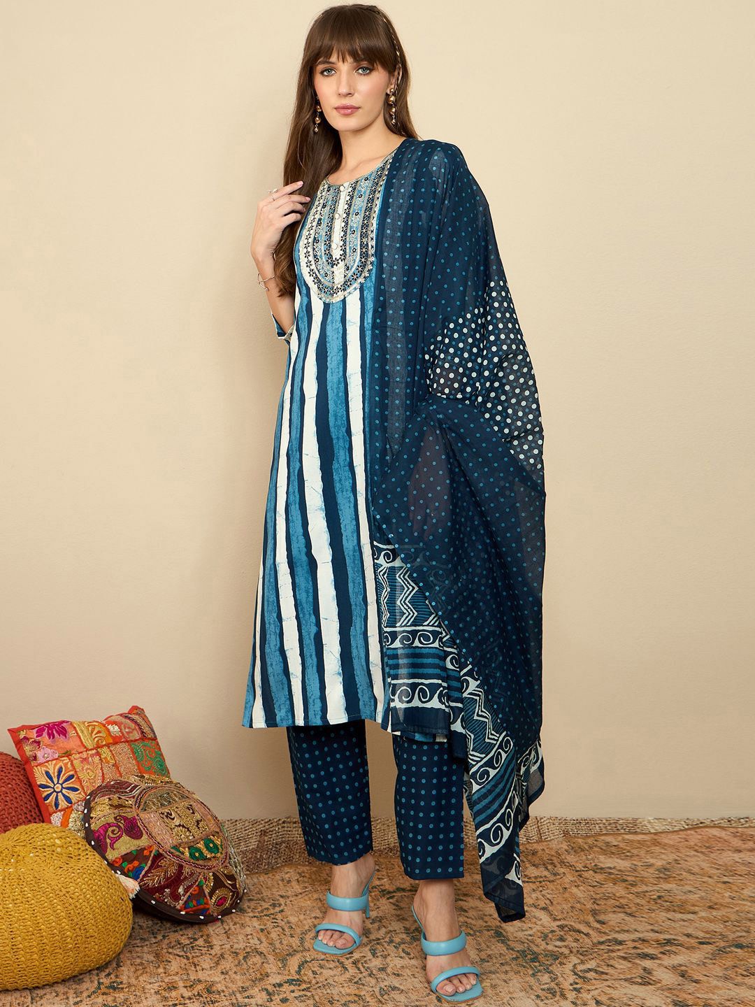 Indo Era Striped Sequinned Straight Kurta With Trousers & Dupatta