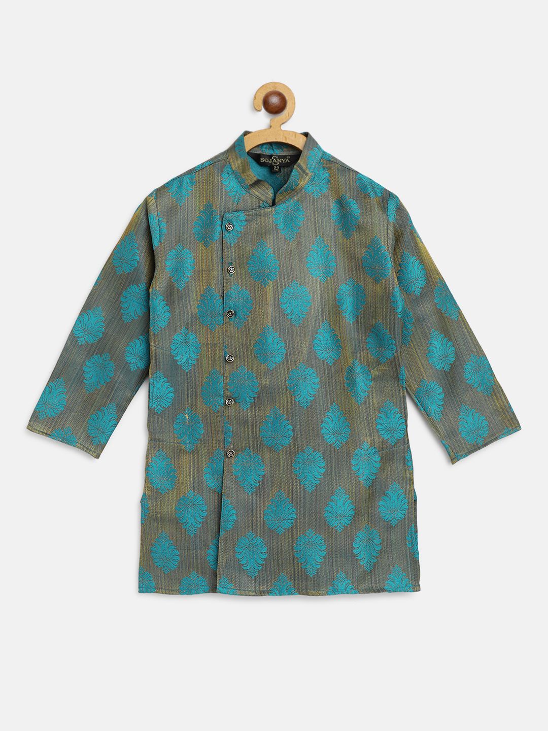 SOJANYA Boys Taupe & Teal Blue Woven Design Jacquard Weave Mandarin Collar Kurta
