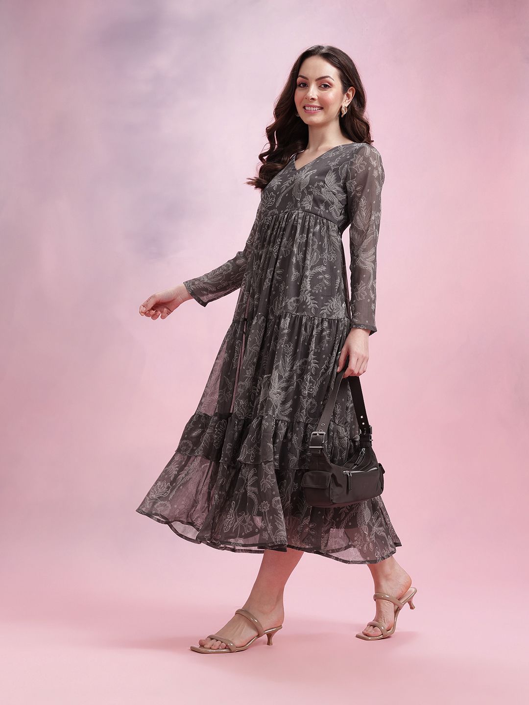 DressBerry Printed Ruffled A-Line Tiered Midi Dress