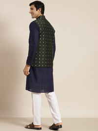 SOJANYA Men Navy Blue Ethnic Motifs Pure Cotton Kurta with Churidar & Nehru Jacket