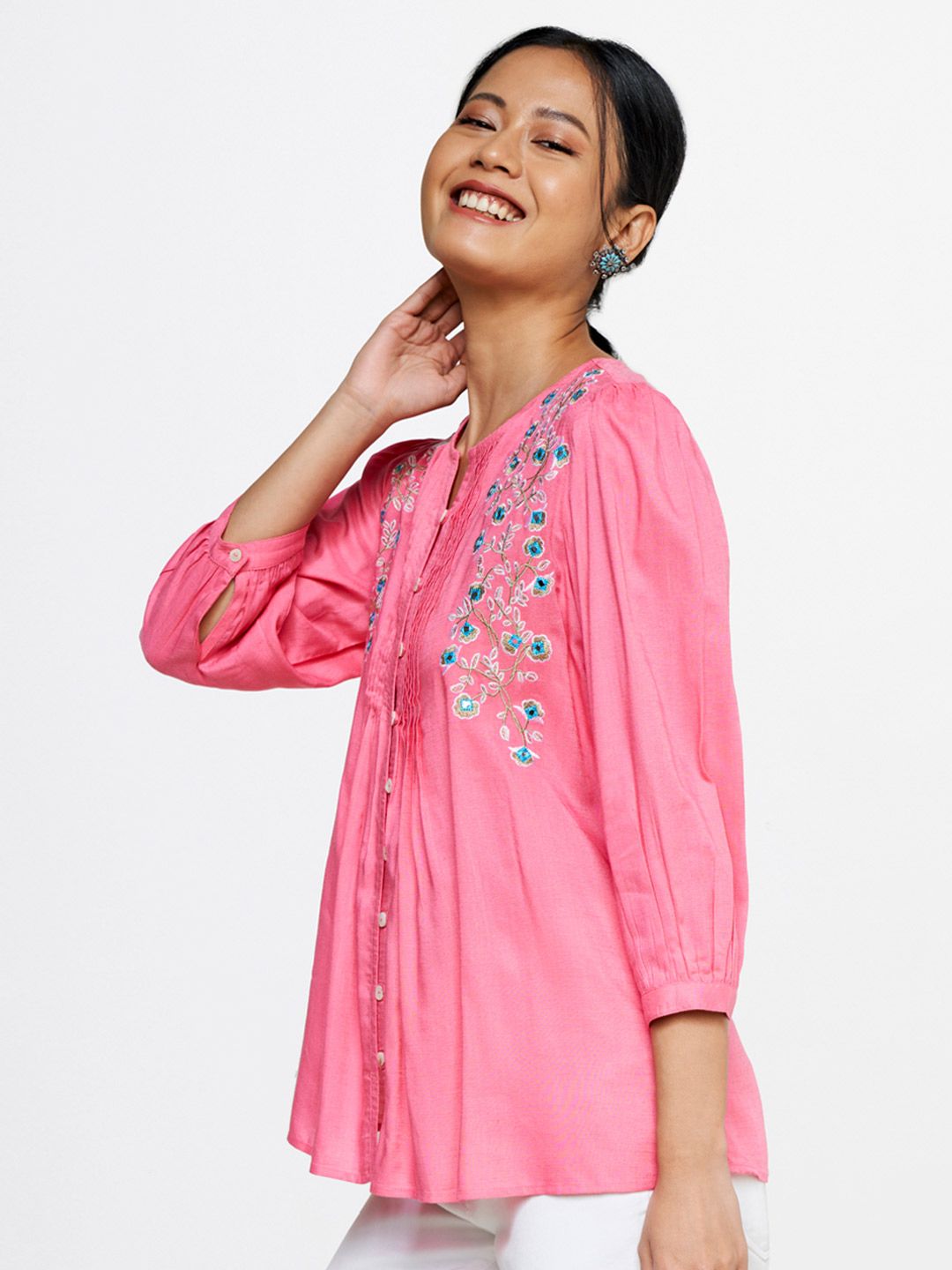 Global Desi Floral Embroidered Round Neck Top