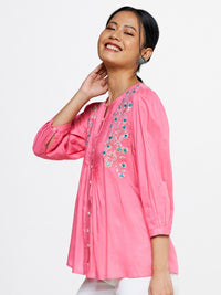 Global Desi Floral Embroidered Round Neck Top