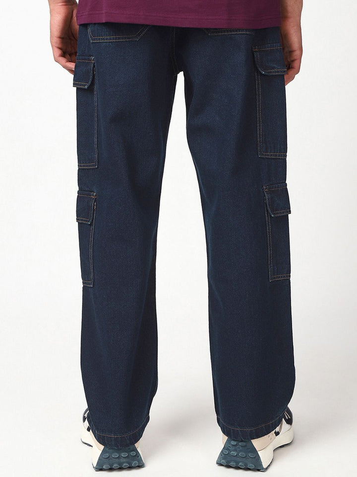 Bewakoof Men's Indigo Blue Baggy Washed Cargo Mid-Rise Jeans