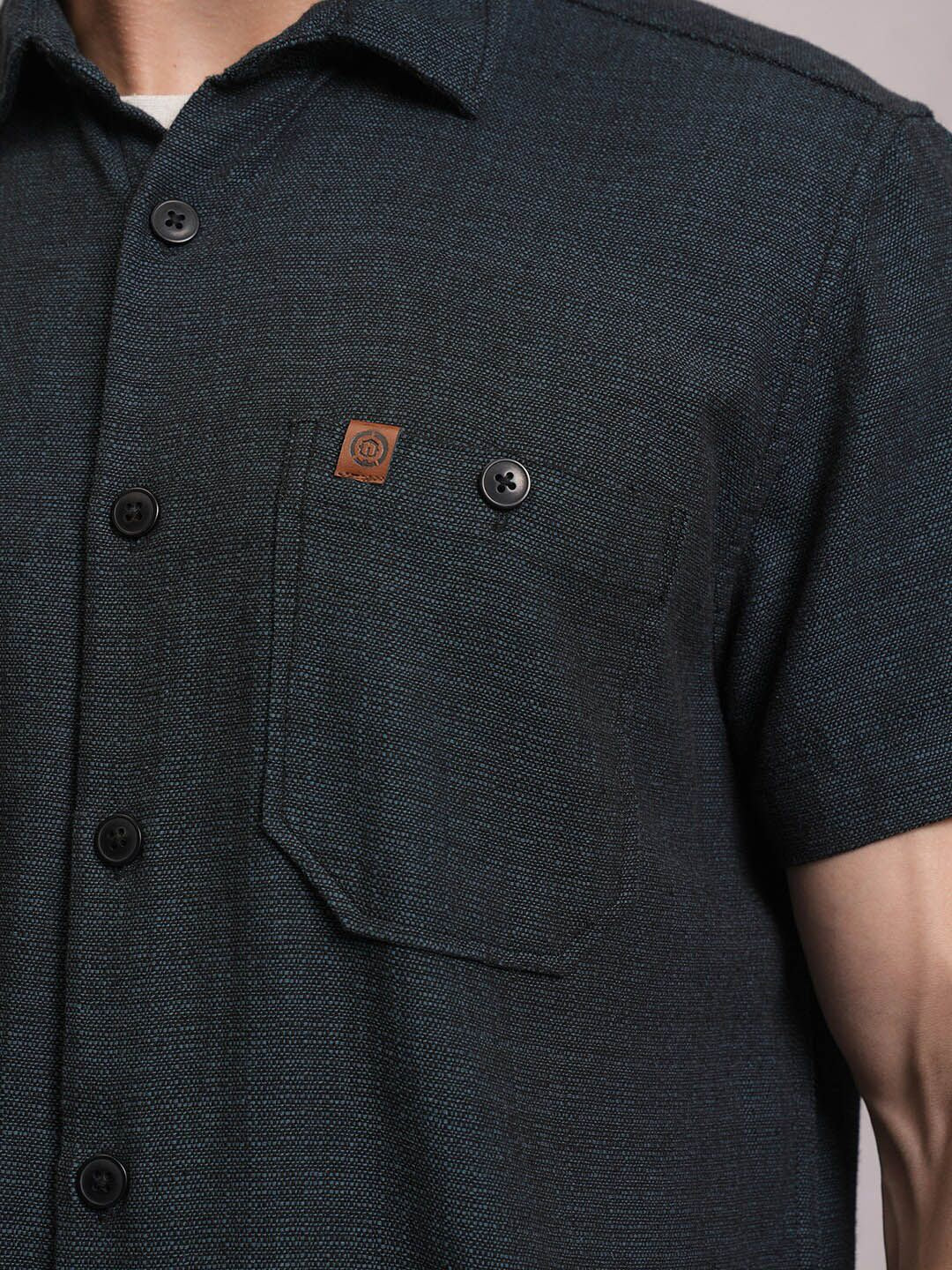 Locomotive Men Black Dobby Textured Checked Utility Pocket Regular Shirt