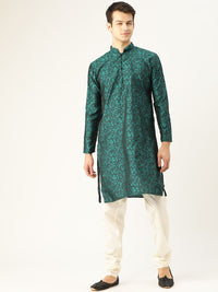 SOJANYA Men Teal Green & Black Woven Design Kurta Lurus