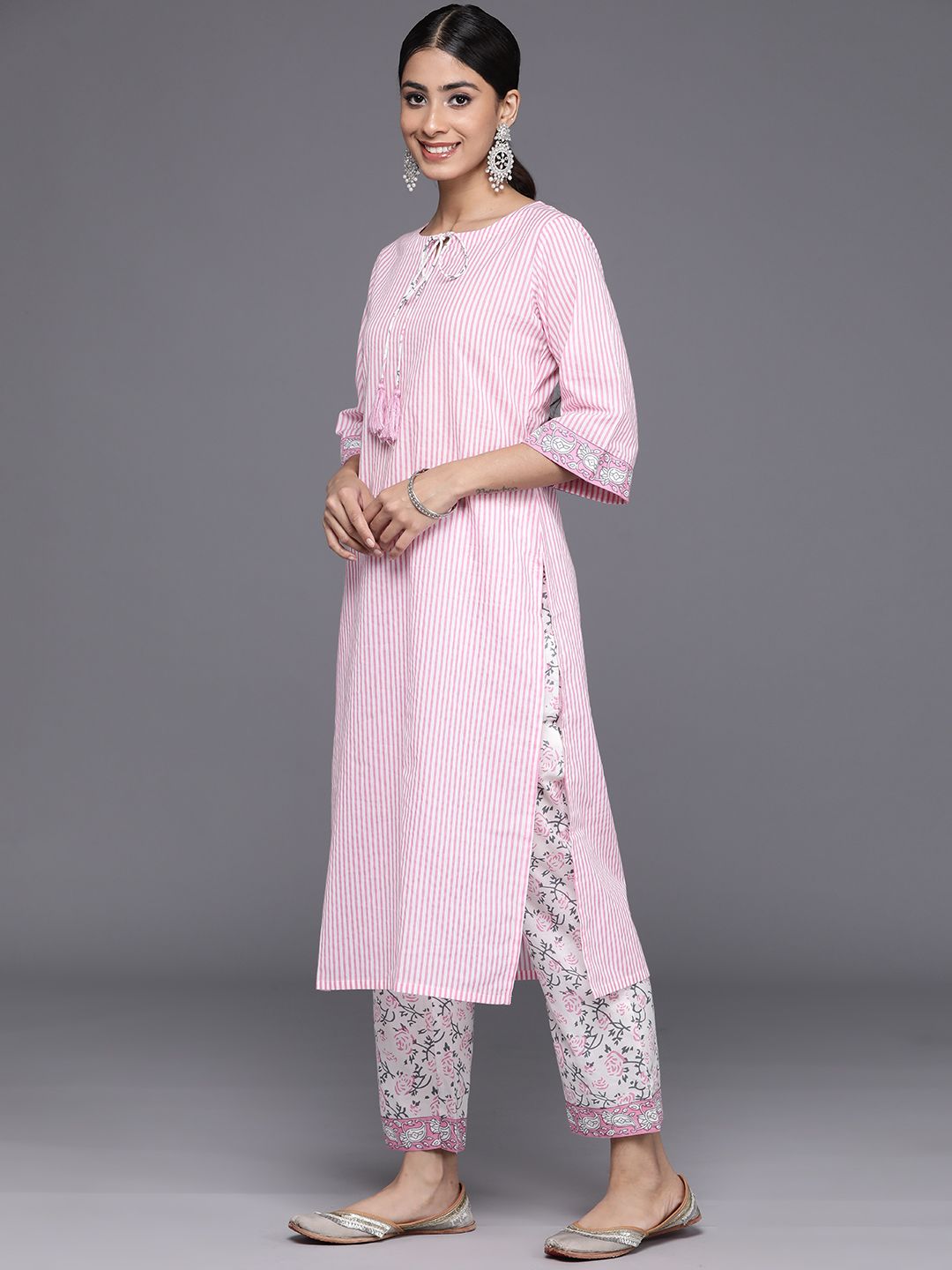 Libas Women Striped Regular Pure Cotton Kurta with Trousers & With Dupatta