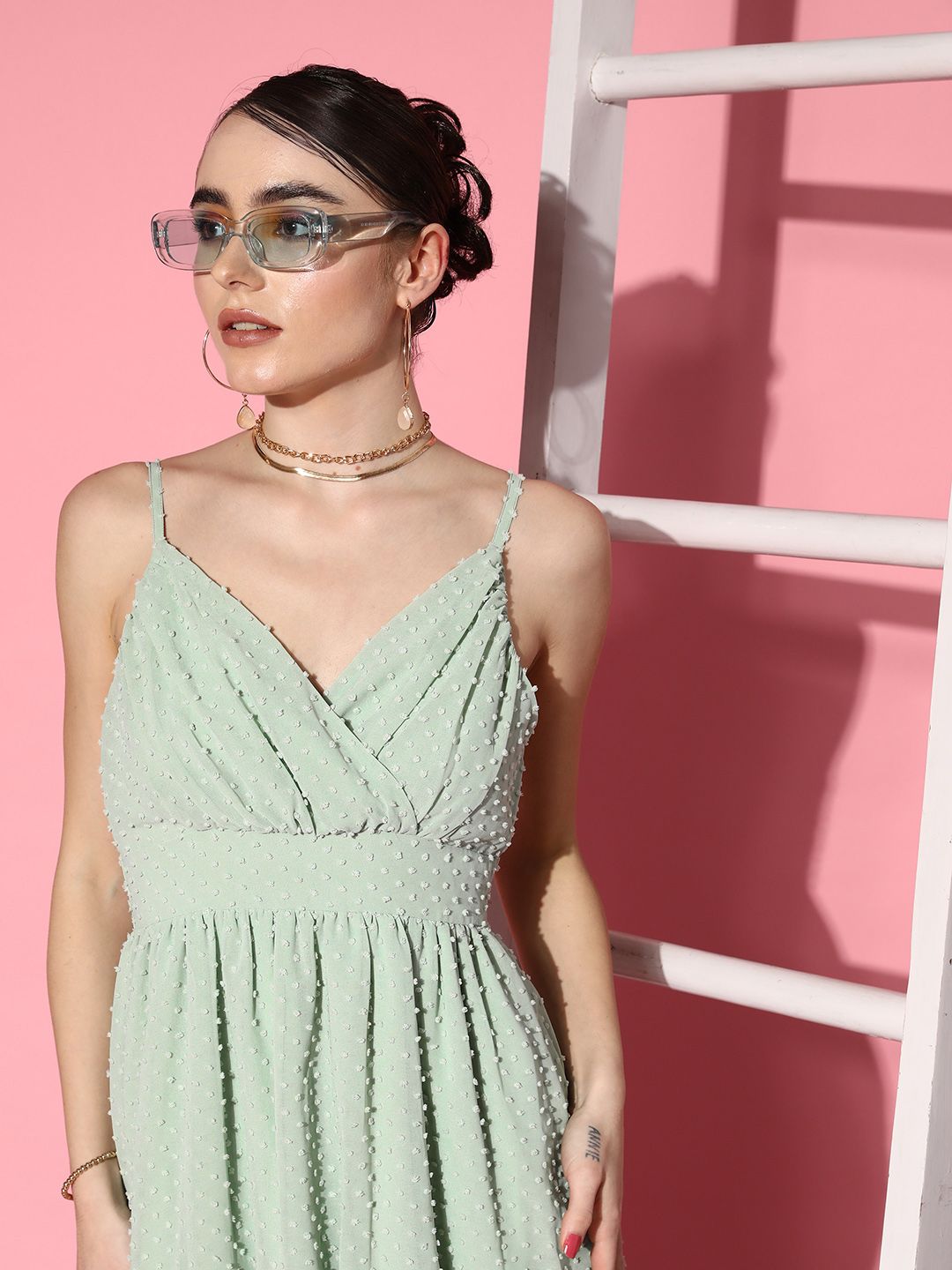 Berrylush Green Layered Georgette Maxi Dress