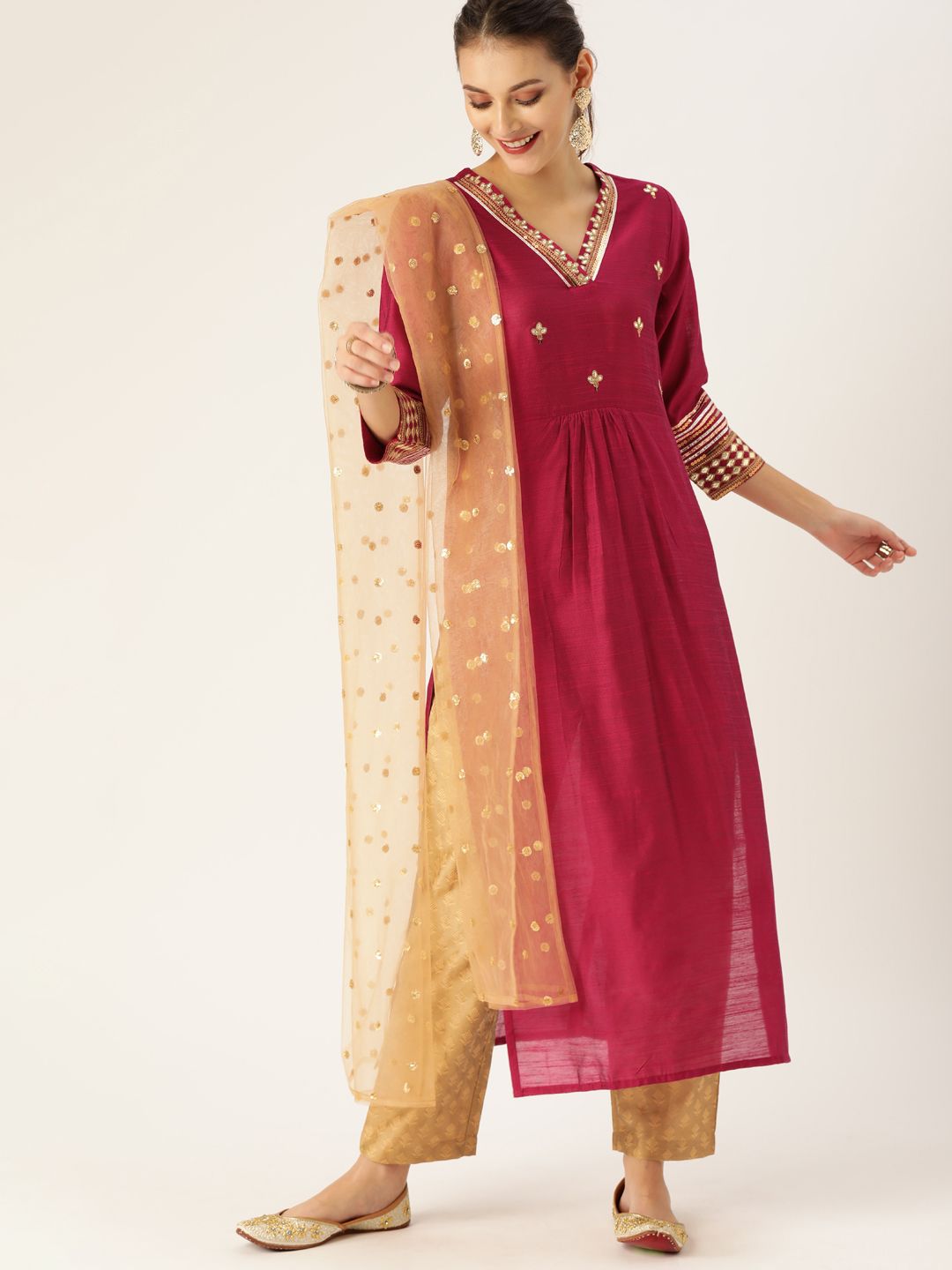 Varanga Women Magenta Pink & Gold-Coloured Embroidered Kurta with Trousers & Dupatta