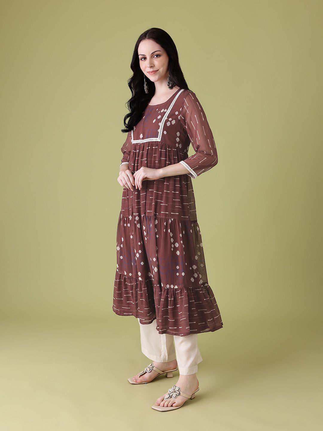Anouk Ethnic Motifs Print Lace Insert Tiered A-Line Kurta