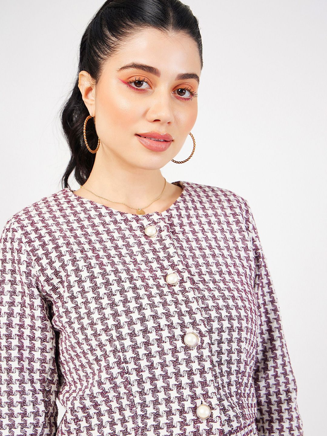SASSAFRAS Burgundy Checked Long Sleeve Shirt Style Top